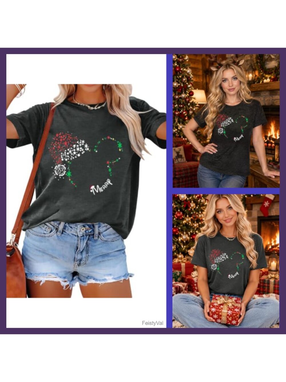Womens Christmas Graphic T-Shirt Crew Neck Short Sleeve Cotton Blend Tee